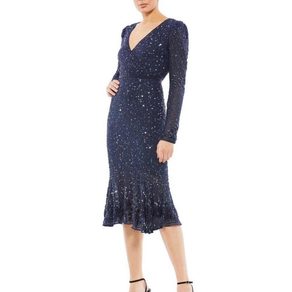 NWT Mac Duggal Womens Navy Sequin Embellished Midi Cocktail & Party Dress Sz 12